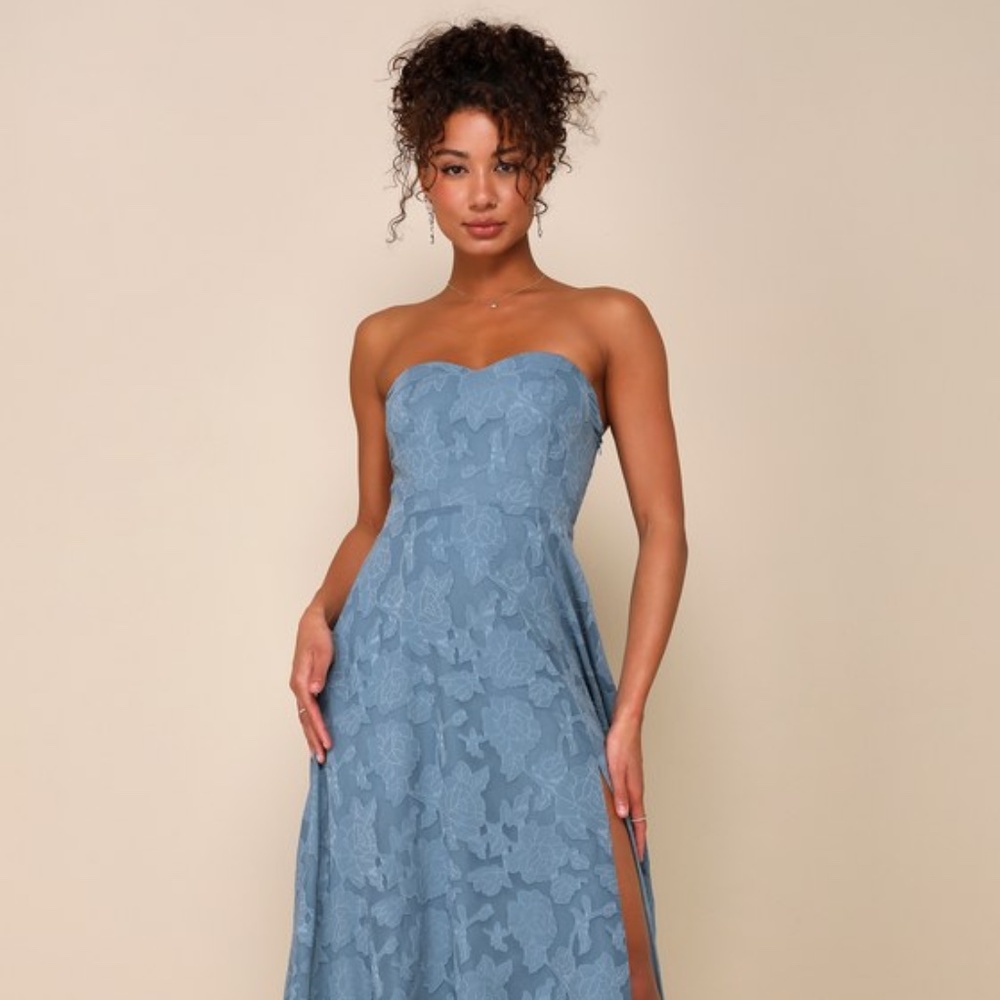 Lulus Garden Of Romance Dusty Blue Floral Burnout Strapless Maxi Dress - Size XS